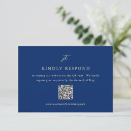 Classic Navy Blue Monogram QR Code Elegant Wedding RSVP Kaartje