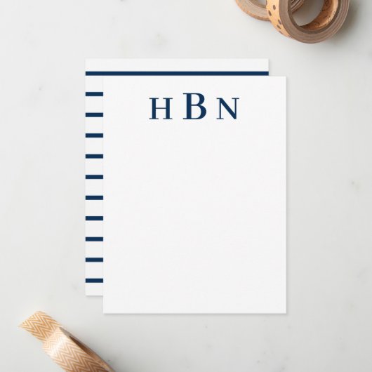 Classic Navy Blue Personalized Monogram Initials Notitiekaartje (Voorkant / Achterkant in situ)
