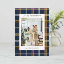 Classic Navy Blue Plaid 5 Photo Christmas Feestdagenkaart