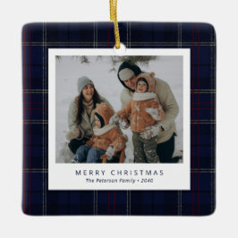 Classic Navy Blue Plaid Family 4 Photo Holiday Keramisch Ornament