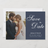 Classic Navy Blue Script Photo Save the Date (Voorkant)