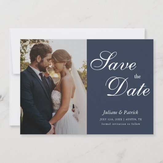 Classic Navy Blue Script Photo Save the Date (Voorkant)