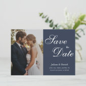 Classic Navy Blue Script Photo Save the Date (Staand voorkant)