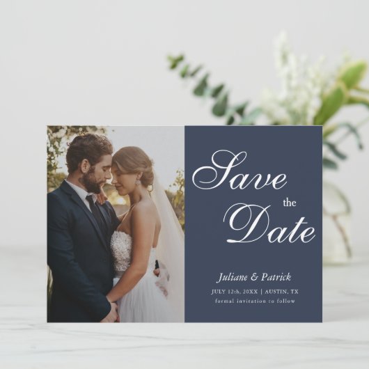 Classic Navy Blue Script Photo Save the Date (Staand voorkant)