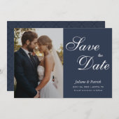 Classic Navy Blue Script Photo Save the Date (Voorkant / Achterkant)