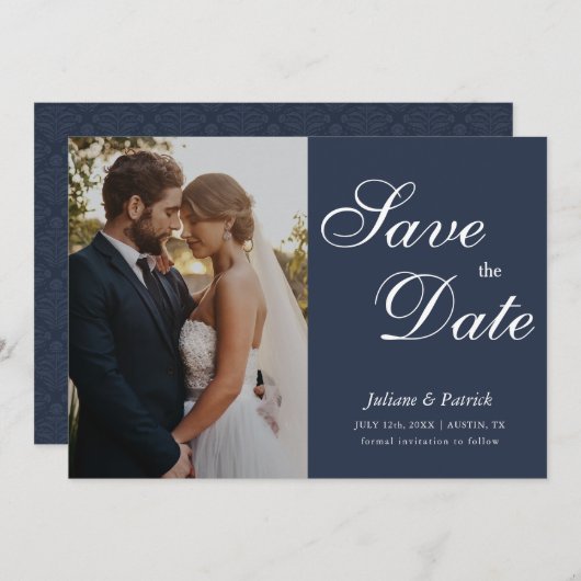 Classic Navy Blue Script Photo Save the Date (Voorkant / Achterkant)