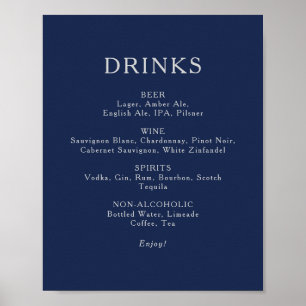 Classic Navy Blue Silver Wedding Drinken Menu Sign Poster