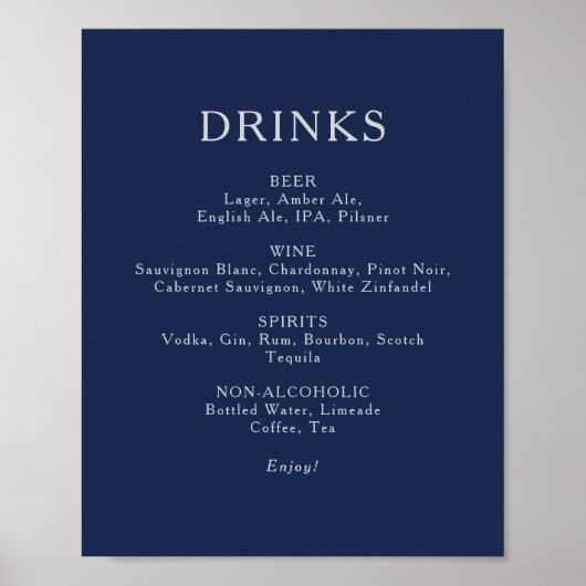 Classic Navy Blue Silver Wedding Drinken Menu Sign Poster (Voorkant)