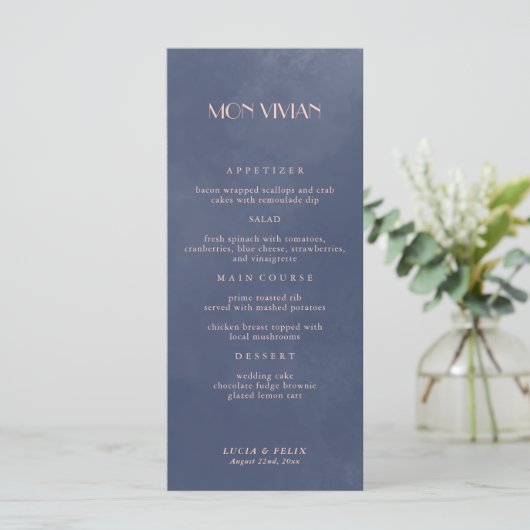 Classic Navy Blue Smoke Bruiloft Diner Menu Kaart (Staand voorkant)