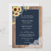 Classic Navy Blue Sunflower Lace Script Weddenscha Kaart (Voorkant)
