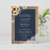 Classic Navy Blue Sunflower Lace Script Weddenscha Kaart (Staand voorkant)