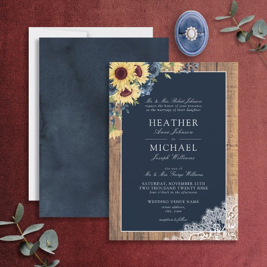 Classic Navy Blue Sunflower Lace Script Weddenscha Kaart