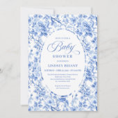 Classic Navy Blue Toile Rose Baby Shower Invites Kaart (Voorkant)