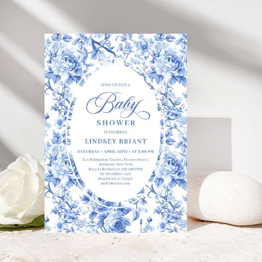 Classic Navy Blue Toile Rose Baby Shower Invites Kaart