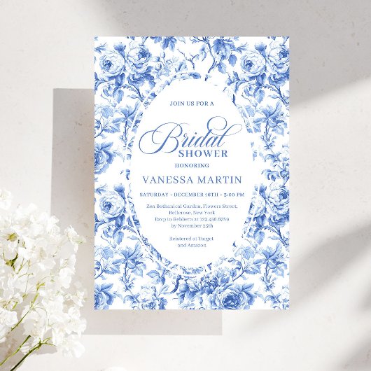Classic Navy Blue Toile Rose Bridal Shower Invite Kaart