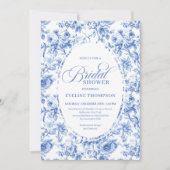 Classic Navy Blue Toile Rose Bridal Shower Invite Kaart (Voorkant)