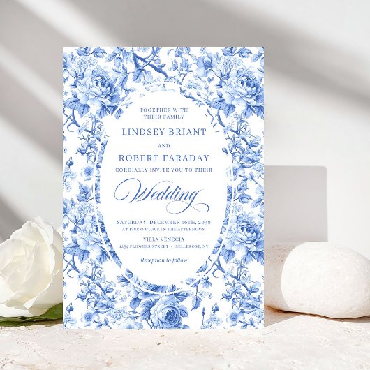 Classic Navy Blue Toile Rose Formal Wedding Invite Kaart
