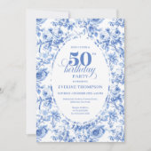 Classic Navy Blue Toile Roses 50th Birthday Invite Kaart (Voorkant)