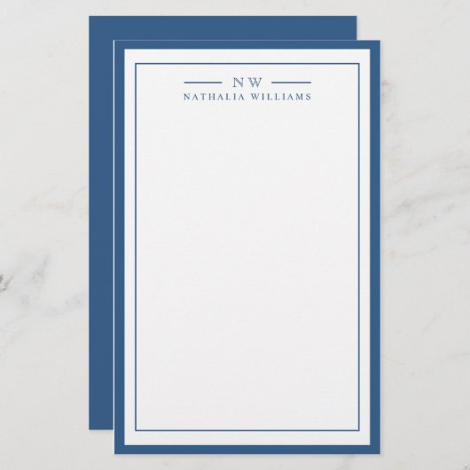 Classic Navy Blue Two Border Monogram Lined Briefpapier (Voorkant / Achterkant)
