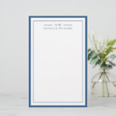 Classic Navy Blue Two Border Monogram Lined Briefpapier (Staand voorkant)