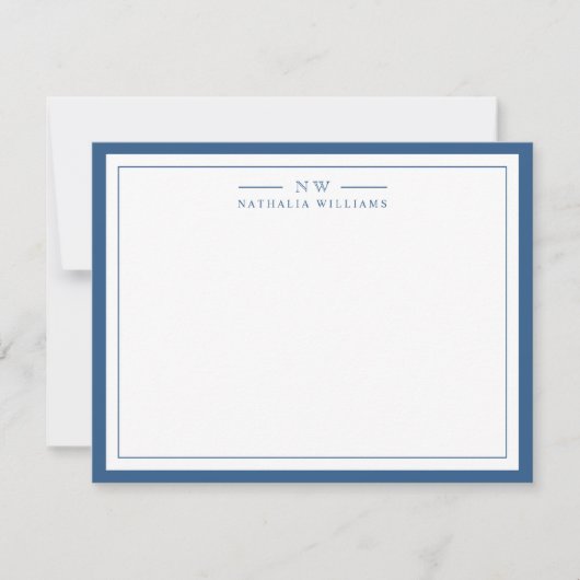 Classic Navy Blue Two Border Monogram Lined Notitiekaartje (Voorkant)