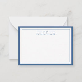 Classic Navy Blue Two Border Monogram Lined Notitiekaartje