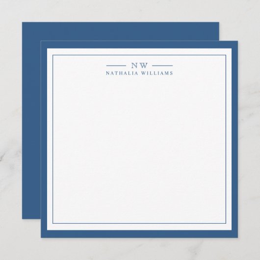 Classic Navy Blue Two Border Monogram Lined Notitiekaartje (Voorkant / Achterkant)