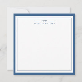 Classic Navy Blue Two Border Monogram Lined Notitiekaartje