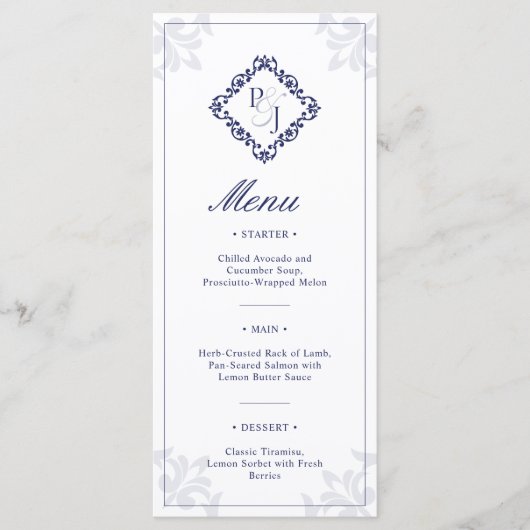 Classic Navy Blue Wedding Menu Kaart (Voorkant)