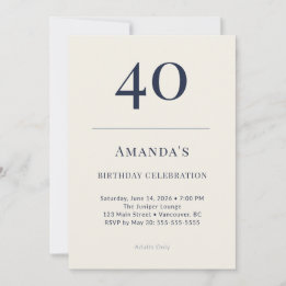 Classic Navy & Cream 40th Birthday Celebration Inv Kaart
