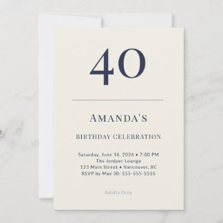 Classic Navy & Cream 40th Birthday Celebration Inv Kaart