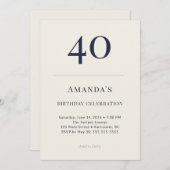Classic Navy & Cream 40th Birthday Celebration Inv Kaart (Voorkant / Achterkant)