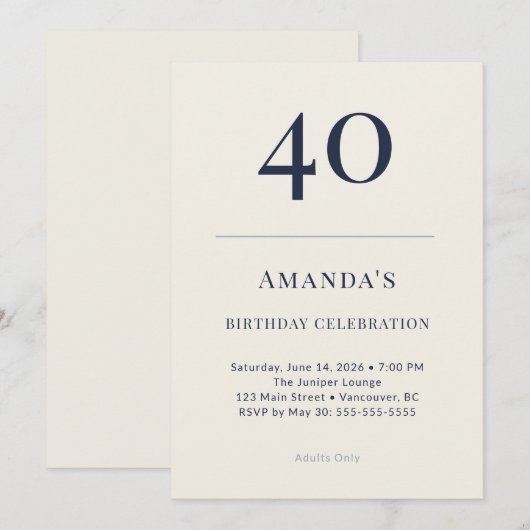 Classic Navy & Cream 40th Birthday Celebration Inv Kaart (Voorkant / Achterkant)