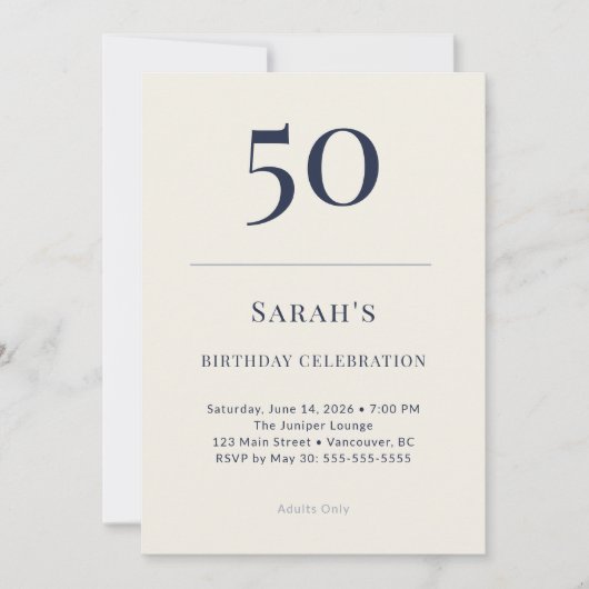 Classic Navy & Cream 50th Birthday Celebration Kaart (Voorkant)