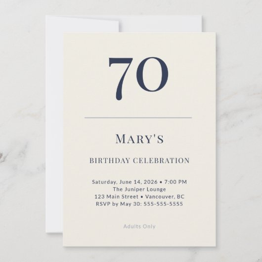 Classic Navy & Cream 70th Birthday Celebration Kaart (Voorkant)