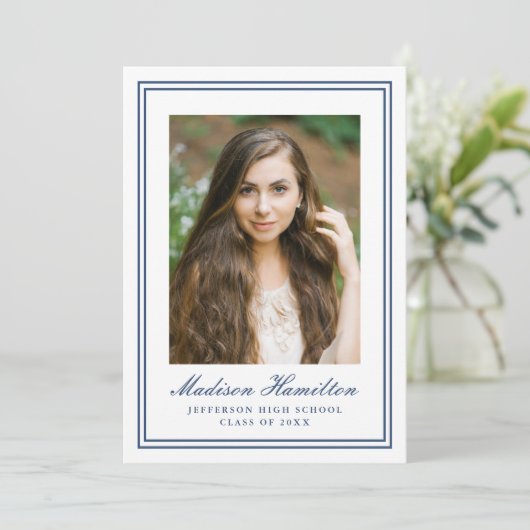 Classic Navy Double Border Frame Photo Graduation Kaart (Staand voorkant)