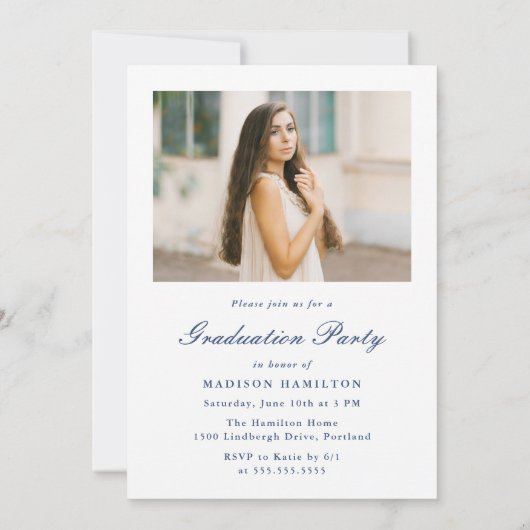 Classic Navy Double Border Frame Photo Graduation Kaart (Achterkant)