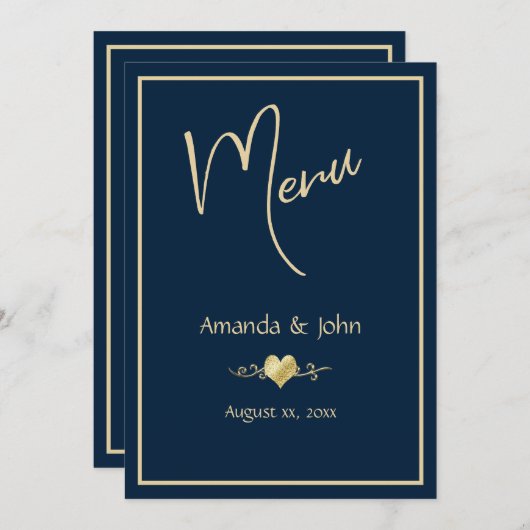 Classic Navy en Gold Wedding Receptie Menu Kaart (Voorkant / Achterkant)