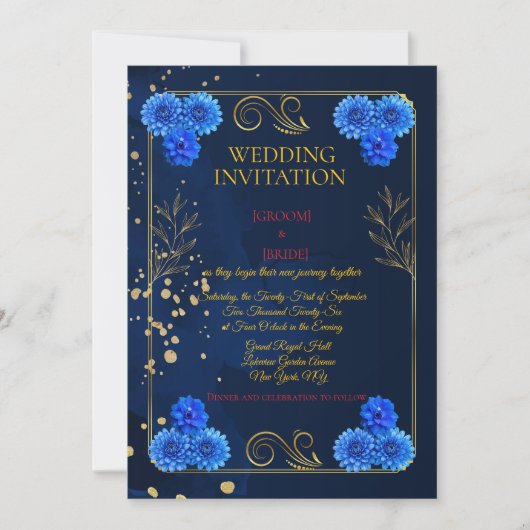 Classic Navy Floral Wedding Invite Template Kaart (Voorkant)