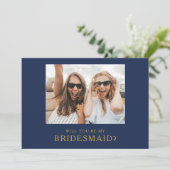 Classic Navy Gold Photo Bridesmaid proposal Kaart (Staand voorkant)