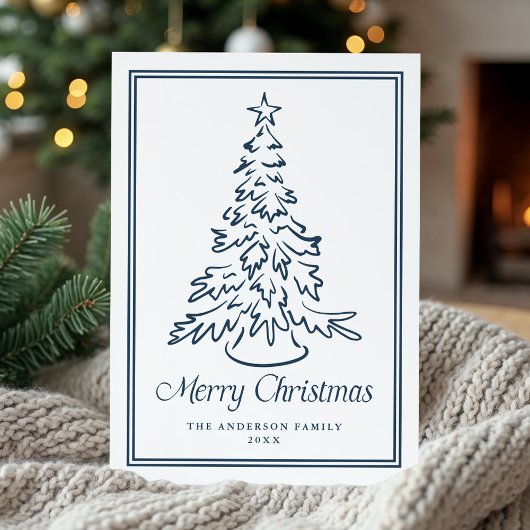 Classic Navy Hand-Drawn Christmas Tree Non-Photo Feestdagenkaart