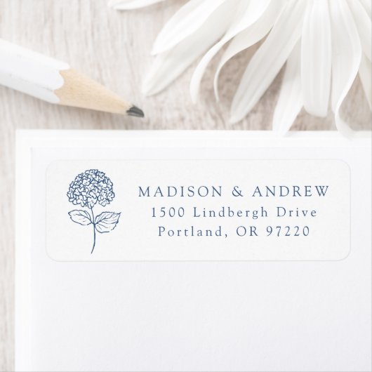 Classic Navy Hydrangea Wedding Return Address Etiket (Insitu)