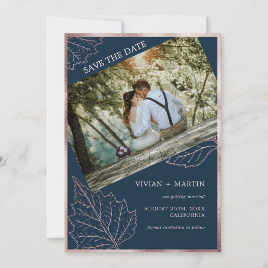 Classic Navy Matt Roos Gold Leaves Bruiloft Save The Date (Voorkant)