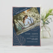 Classic Navy Matt Roos Gold Leaves Bruiloft Save The Date (Staand voorkant)