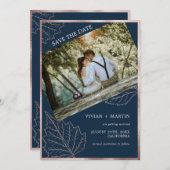 Classic Navy Matt Roos Gold Leaves Bruiloft Save The Date (Voorkant / Achterkant)