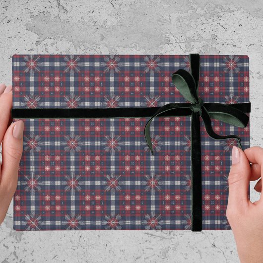 Classic Navy Red Plaid Snowflakes Christmas  Cadeaupapier