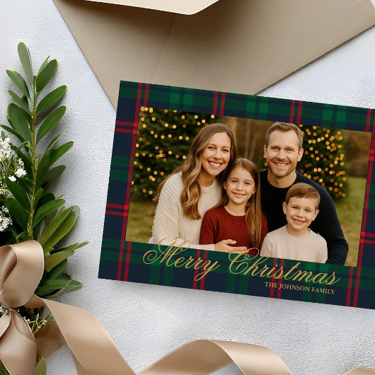 Classic Navy Tartan Plaid Photo Christmas Card Kaart