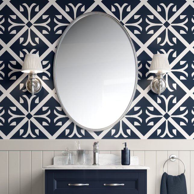 Classic Navy Tegels - Navy en wit - Traditioneel Behang (Classic Navy Tiles - Navy and White - Traditional Peel and Stick Wallpaper)
