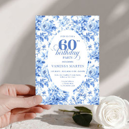 Classic Navy Toile Roses 60th Birthday Invite Kaart