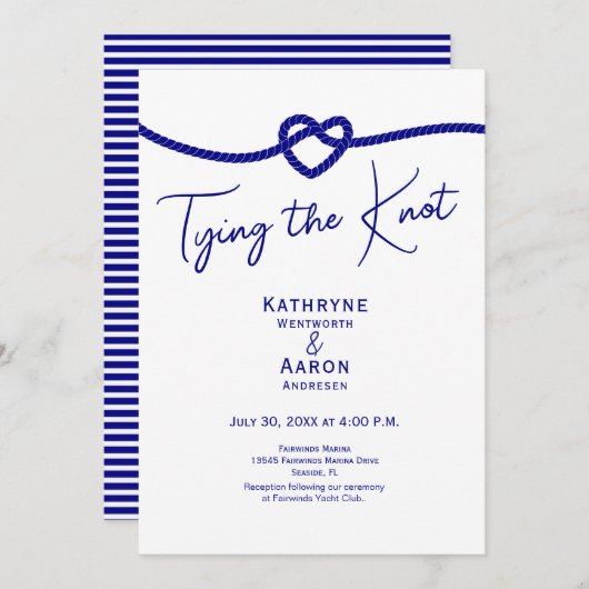 Classic Navy White Stripes Tying the Knot Wedding  Kaart (Voorkant / Achterkant)